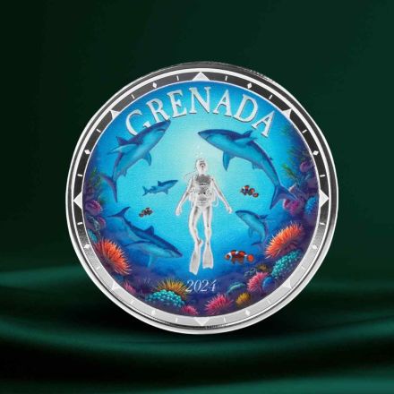 2024 EC8 Grenada Shark Diver &ndash; 1 oz S&oslash;lvmynt (Fargetrykk)